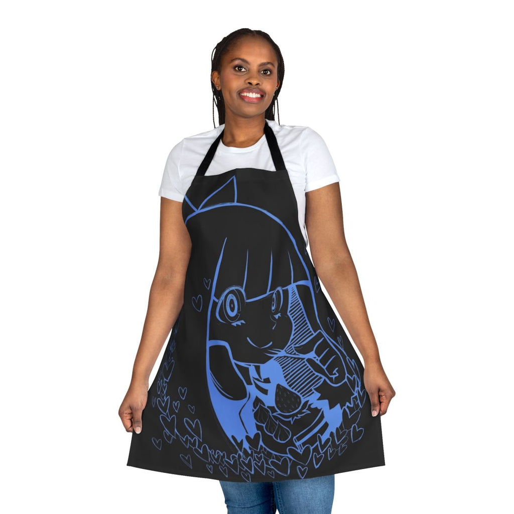 Cute anime-style apron featuring hearts and a blue color scheme, perfect for baking enthusiasts