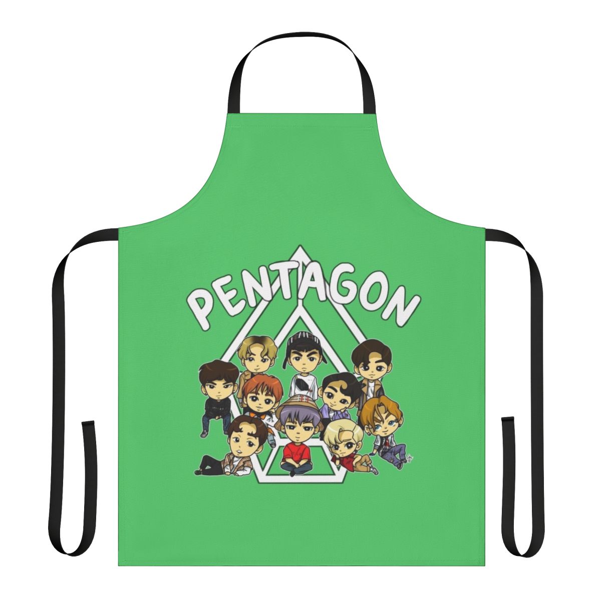 Chibi-style illustration of members of K-pop group Pentagon on a high-quality apron