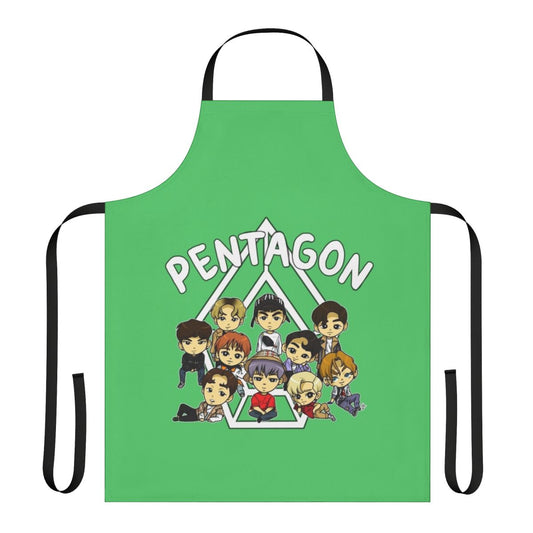 Chibi-style illustration of members of K-pop group Pentagon on a high-quality apron