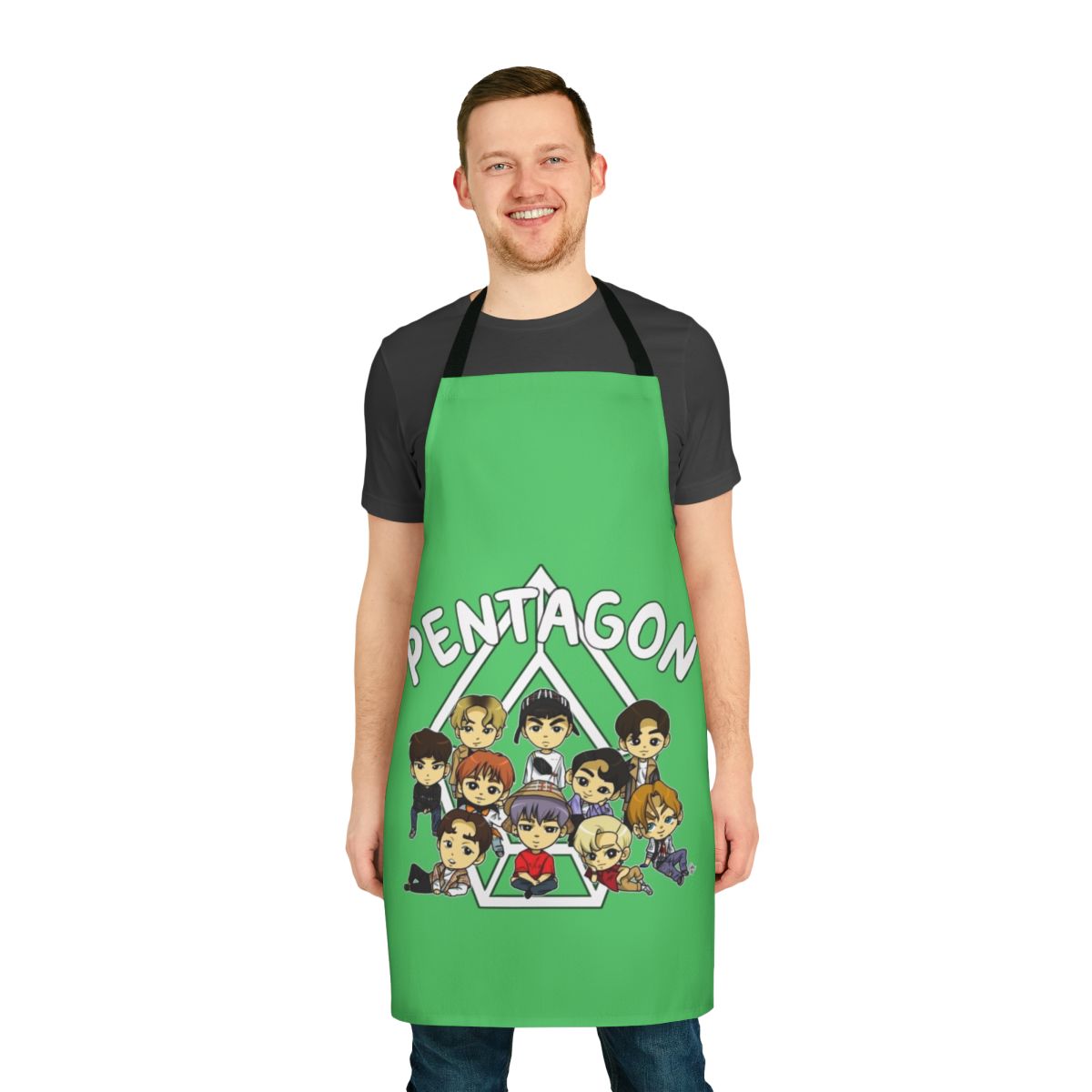 Chibi-style illustration of members of K-pop group Pentagon on a high-quality apron