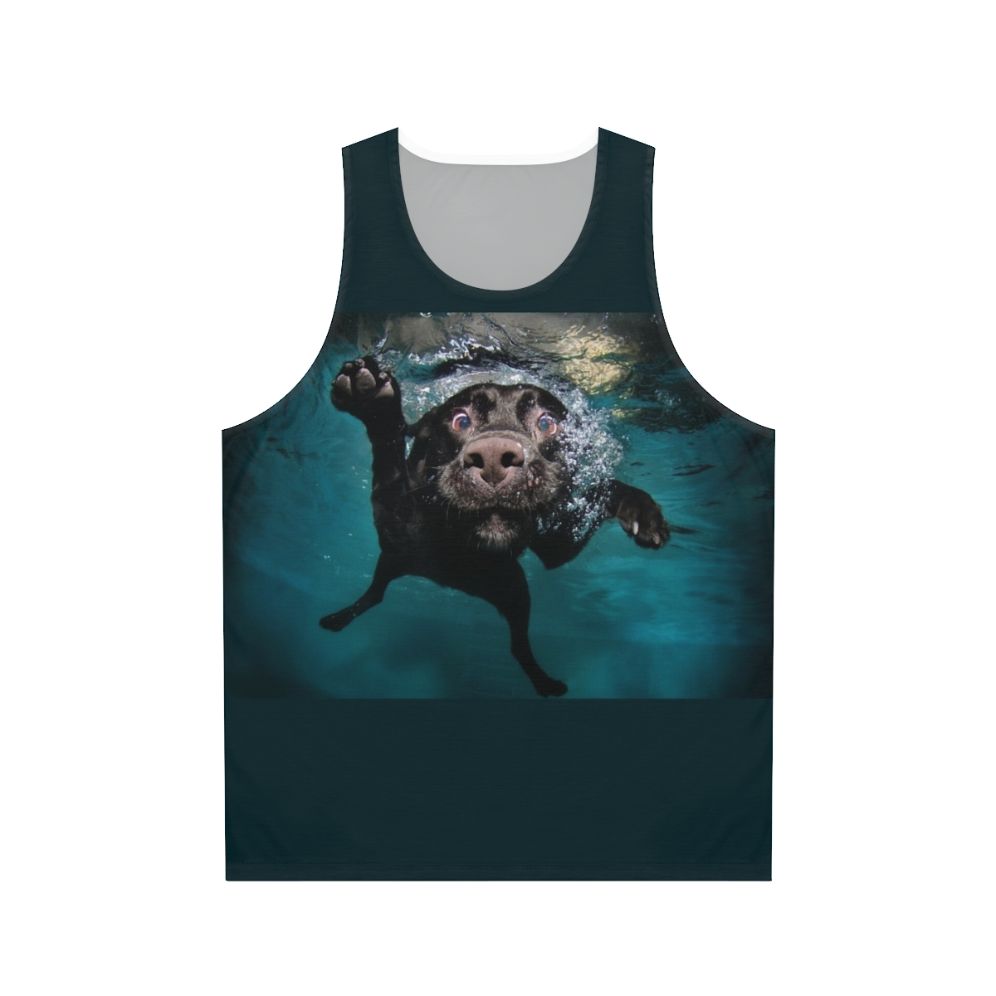 Cute dog swimming underwater in tank top