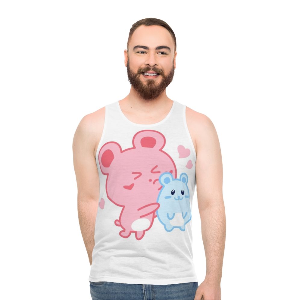 Unisex tank top with cute hamster design and pastel hearts pattern