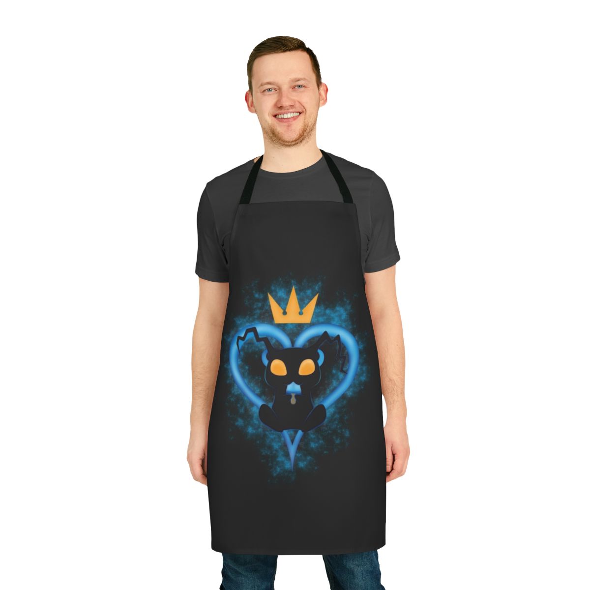 A black and white cartoon-style apron with a heartless character from the Kingdom Hearts video game series.
