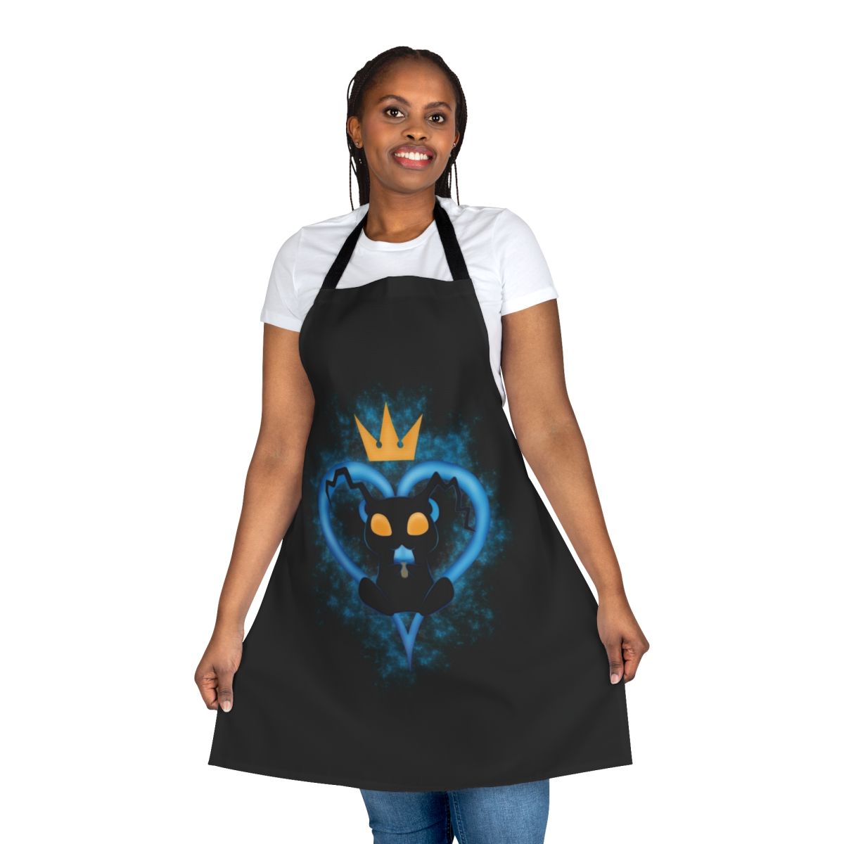 A black and white cartoon-style apron with a heartless character from the Kingdom Hearts video game series.