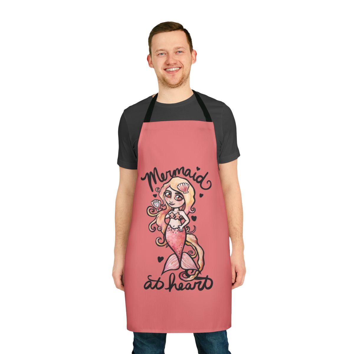 A chibi-style mermaid apron featuring a heart design, perfect for mermaid enthusiasts.