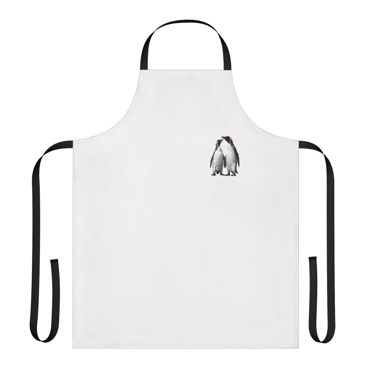 Two adorable black and white penguins on a winter-themed apron