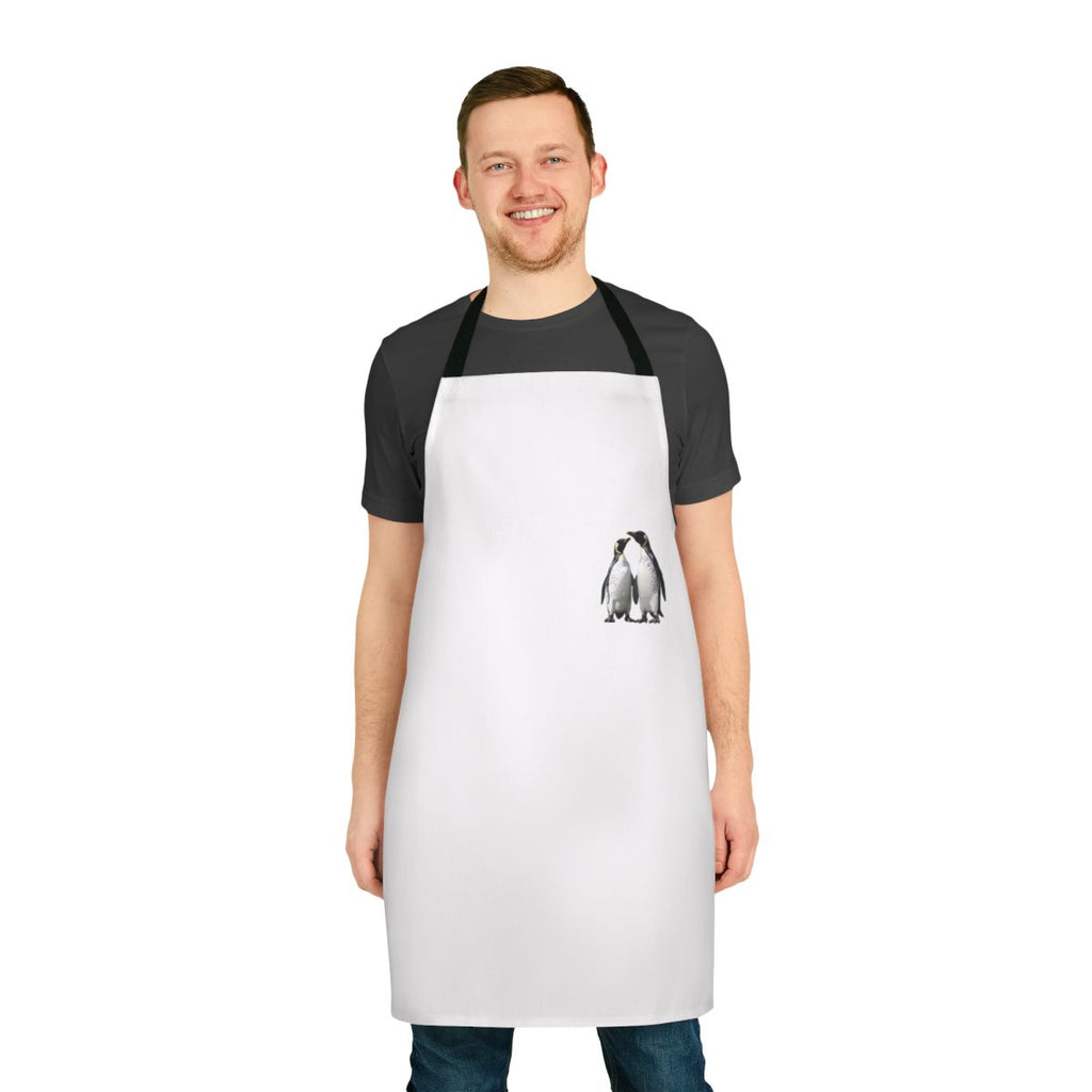 Two adorable black and white penguins on a winter-themed apron
