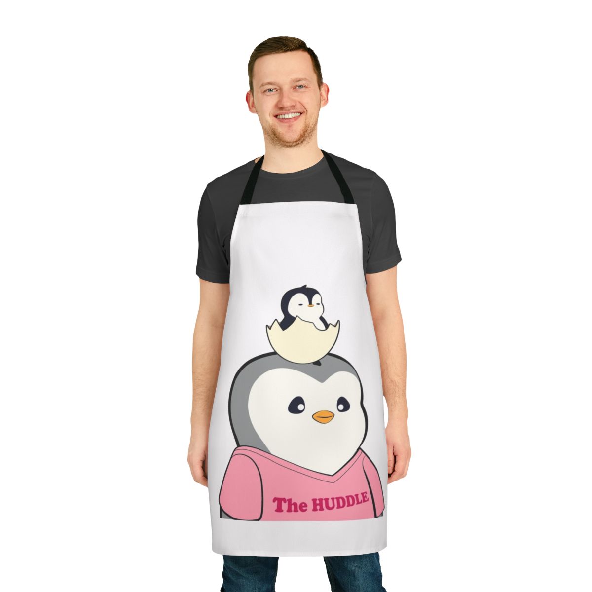 Illustration of a cartoon pudgy penguin character wearing an apron, representing an NFT avatar.