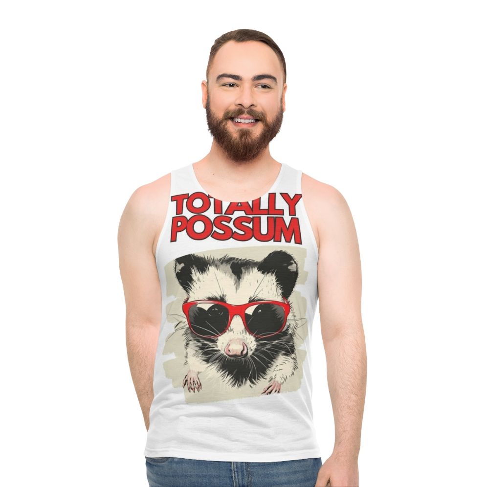 A model wearing a Possum Unisex Tank Top