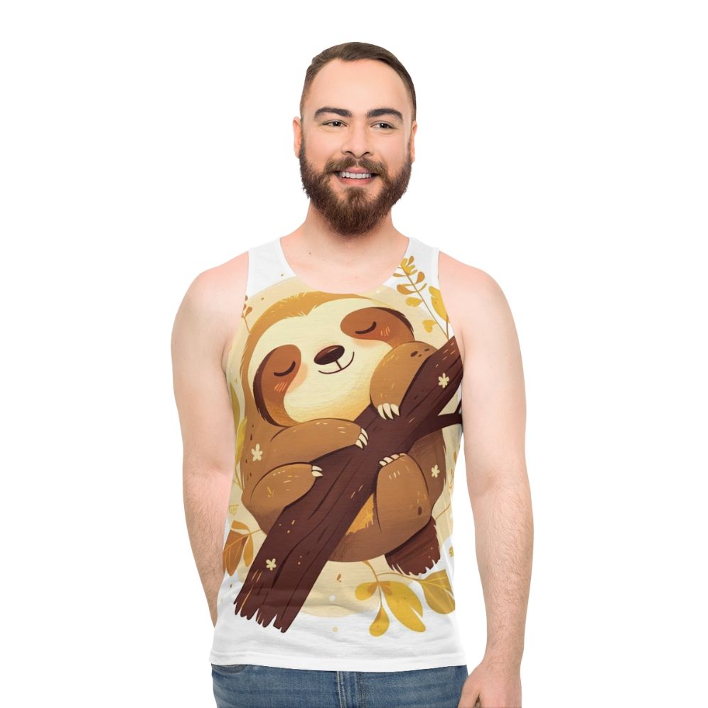 Cute cartoon sloth relaxing on a tree branch