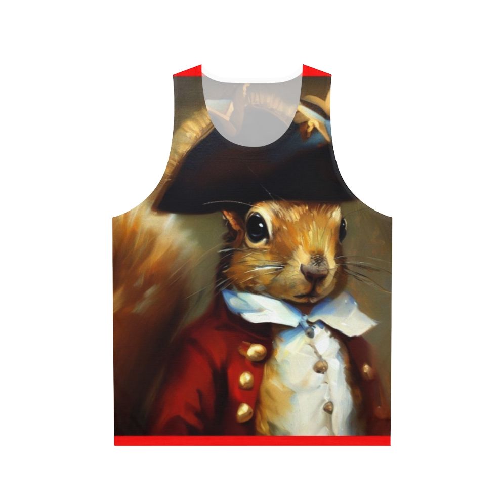 Cute anthropomorphic squirrel wearing a redcoat military uniform on a unisex tank top