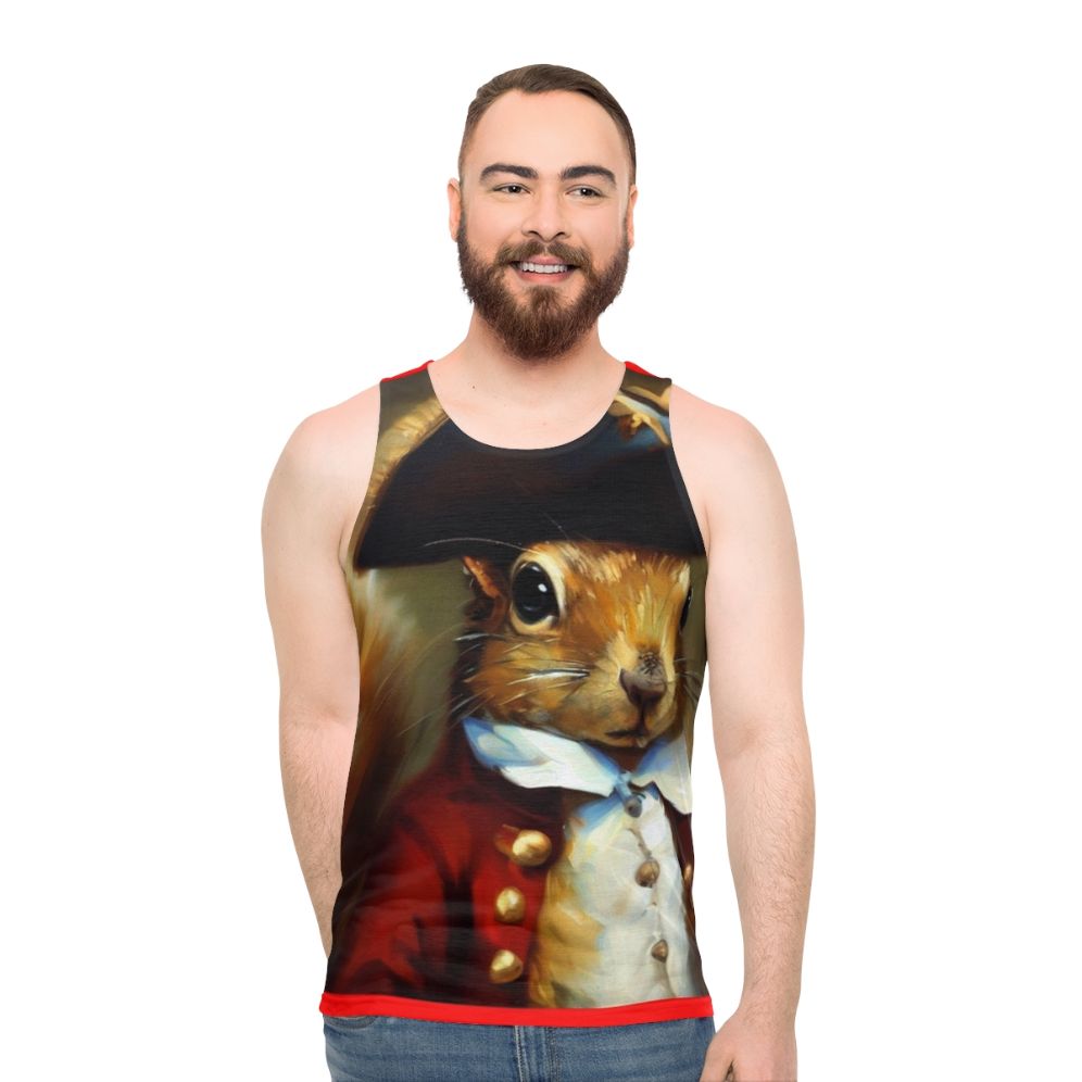 Cute anthropomorphic squirrel wearing a redcoat military uniform on a unisex tank top