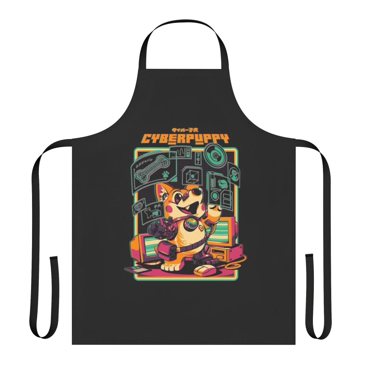 Cyberpunk-inspired apron featuring a cute, anime-style cyber puppy design