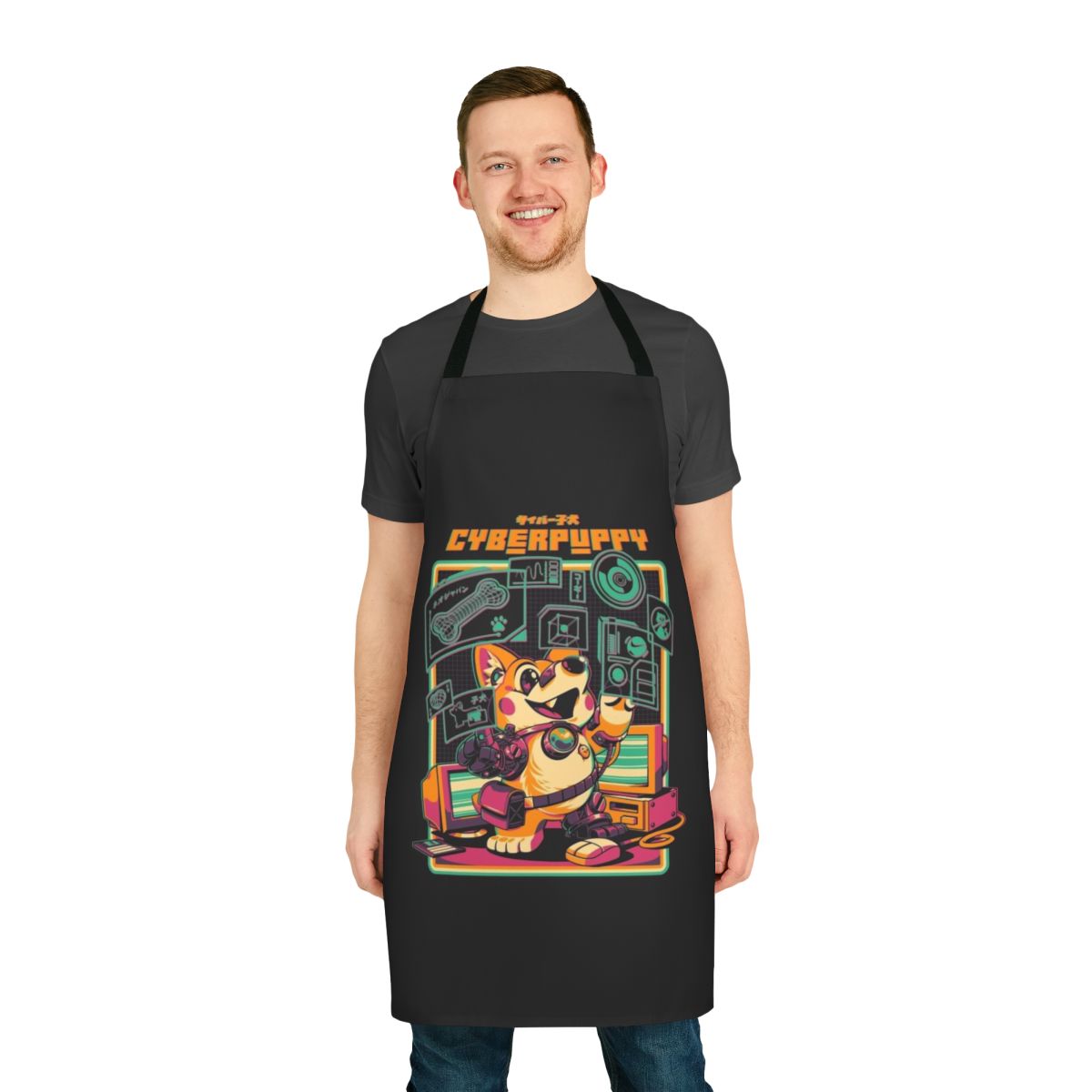 Cyberpunk-inspired apron featuring a cute, anime-style cyber puppy design