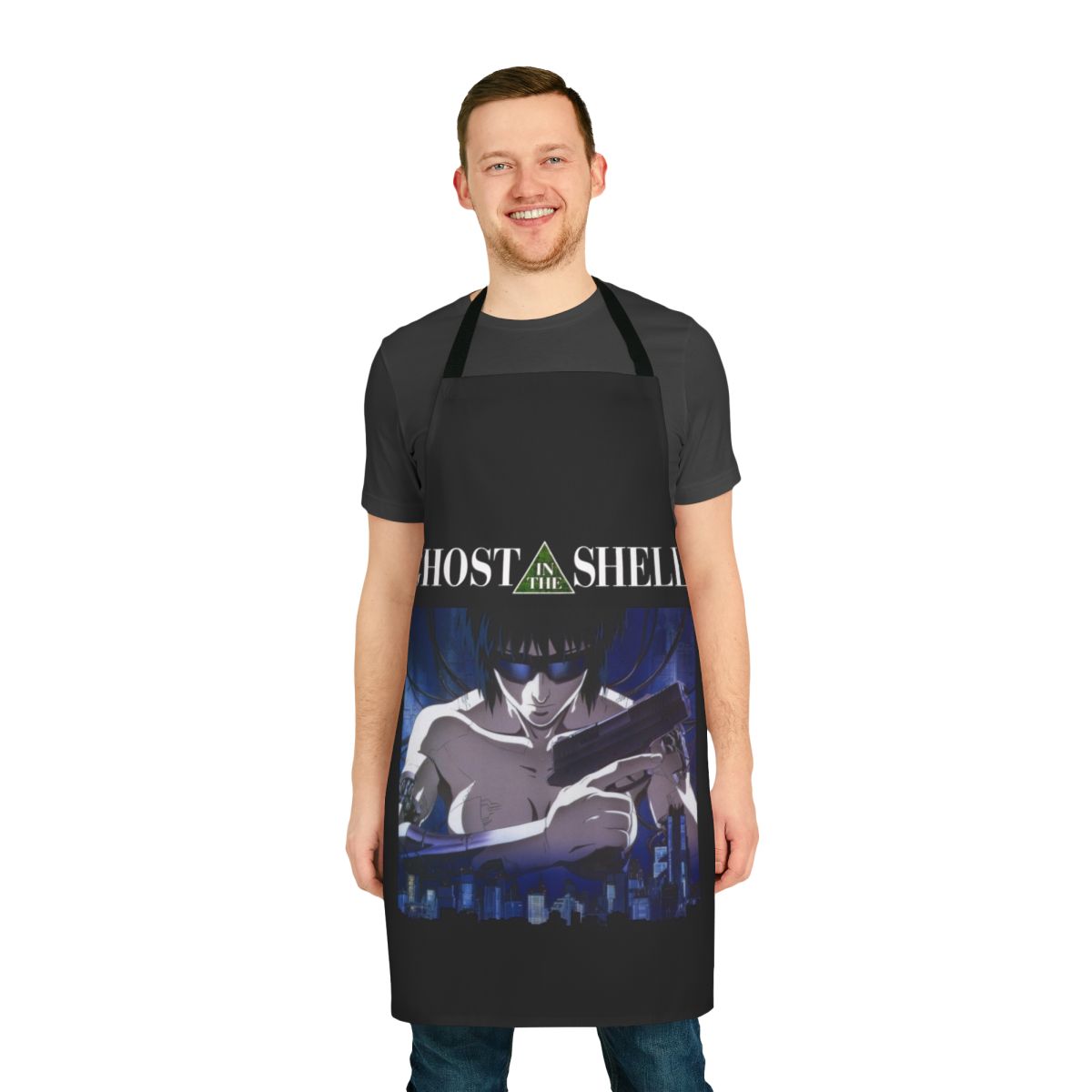 Cyberpunk-style apron featuring Motoko Kusanagi from the anime Ghost in the Shell