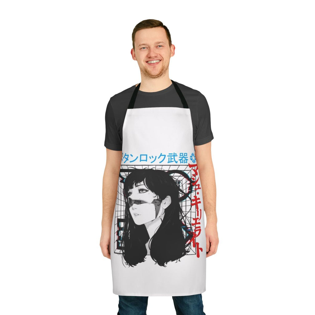 Cyberpunk cyborg girl in vaporwave urban style wearing apron