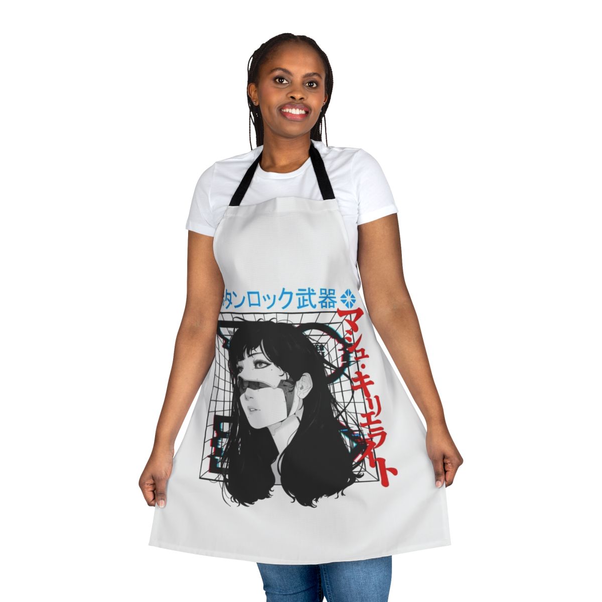Cyberpunk cyborg girl in vaporwave urban style wearing apron