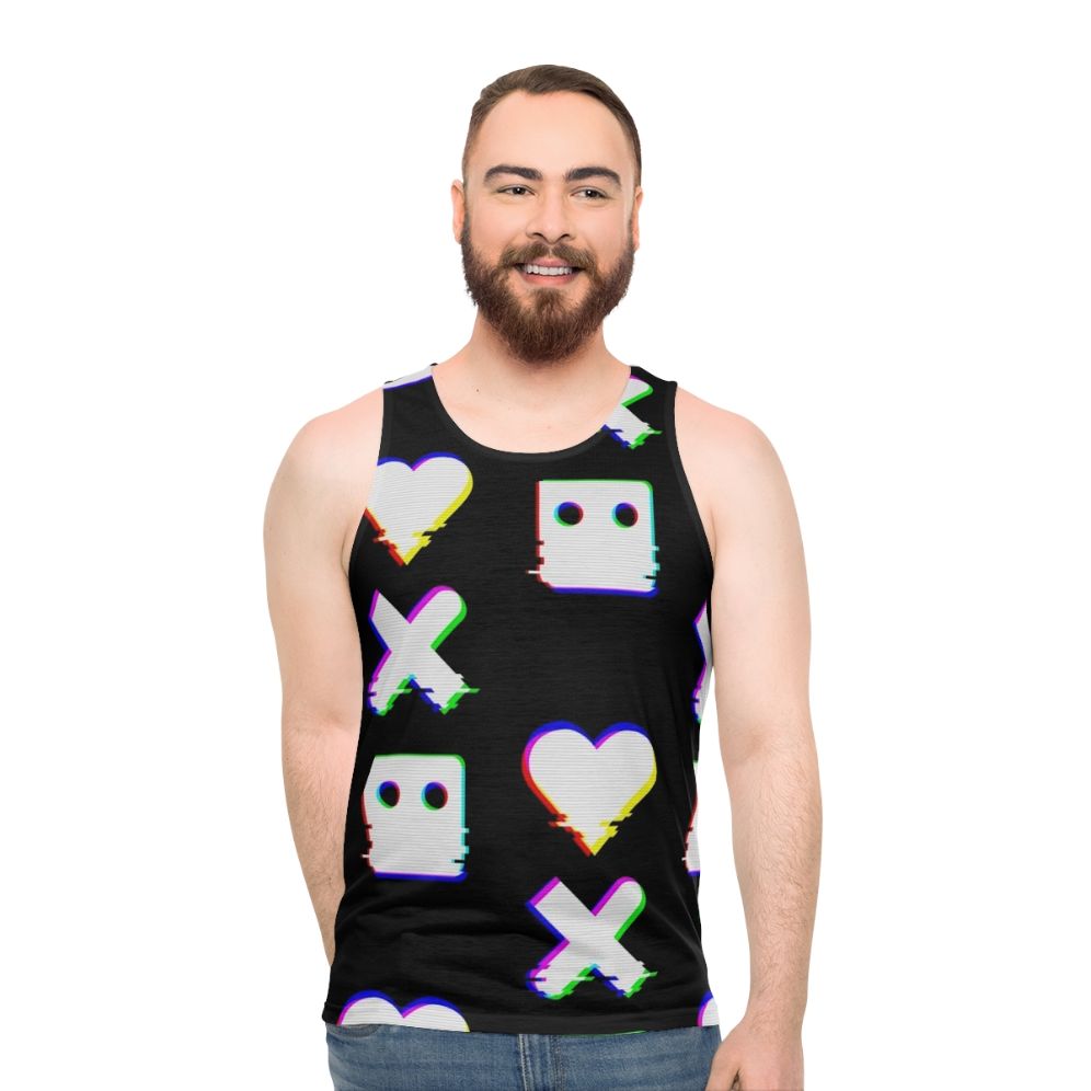 Cyberpunk-inspired unisex tank top with glitch effect design