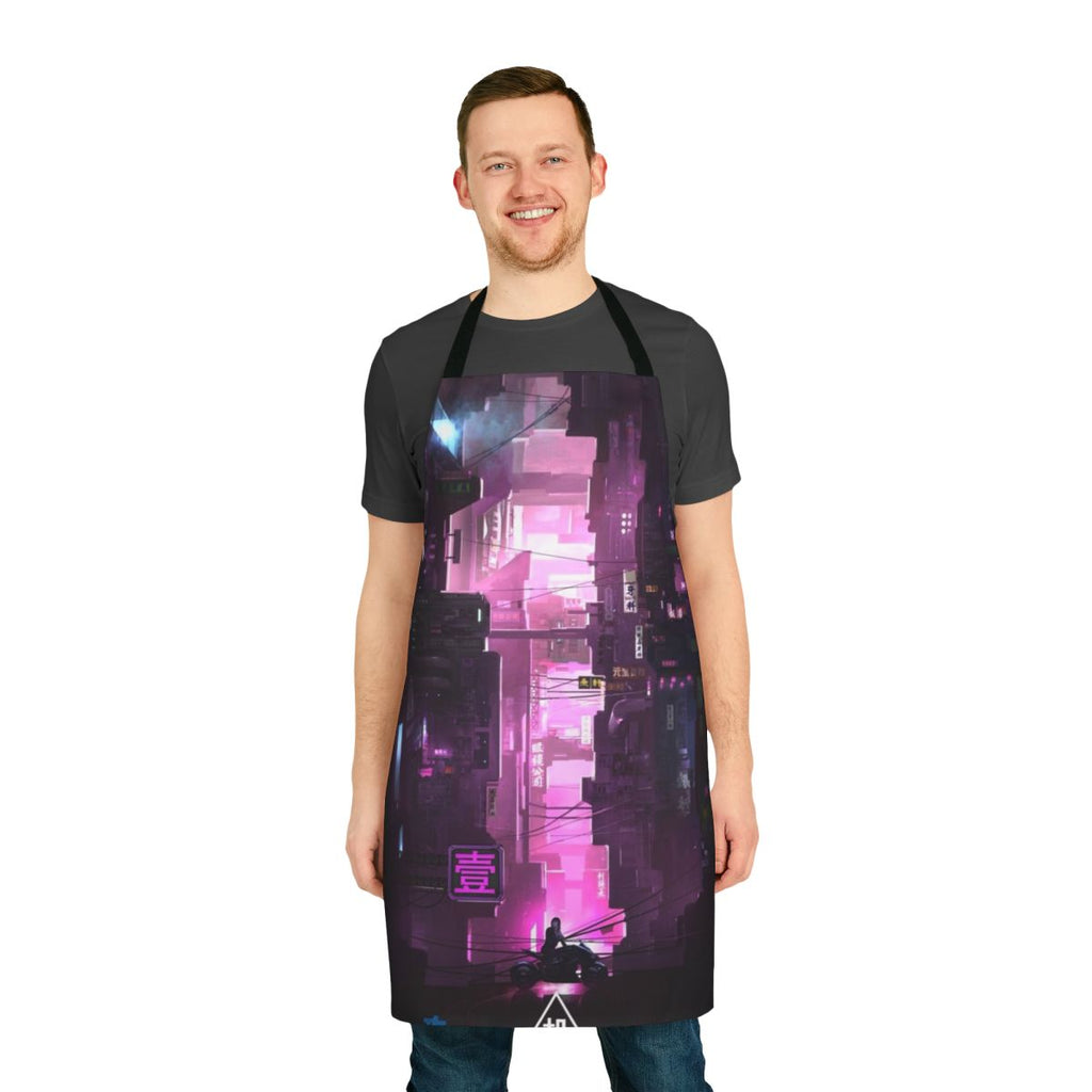 Cyberpunk-styled kitchen apron with vibrant colors and futuristic design, inspired by the anime series Ghost in the Shell.
