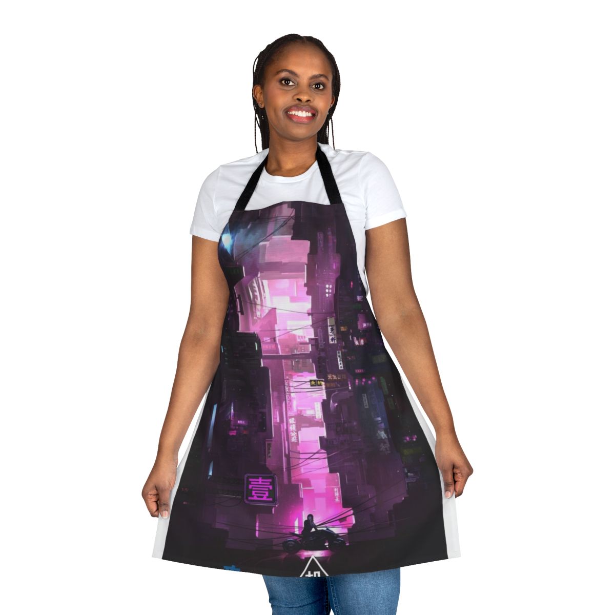 Cyberpunk-styled kitchen apron with vibrant colors and futuristic design, inspired by the anime series Ghost in the Shell.