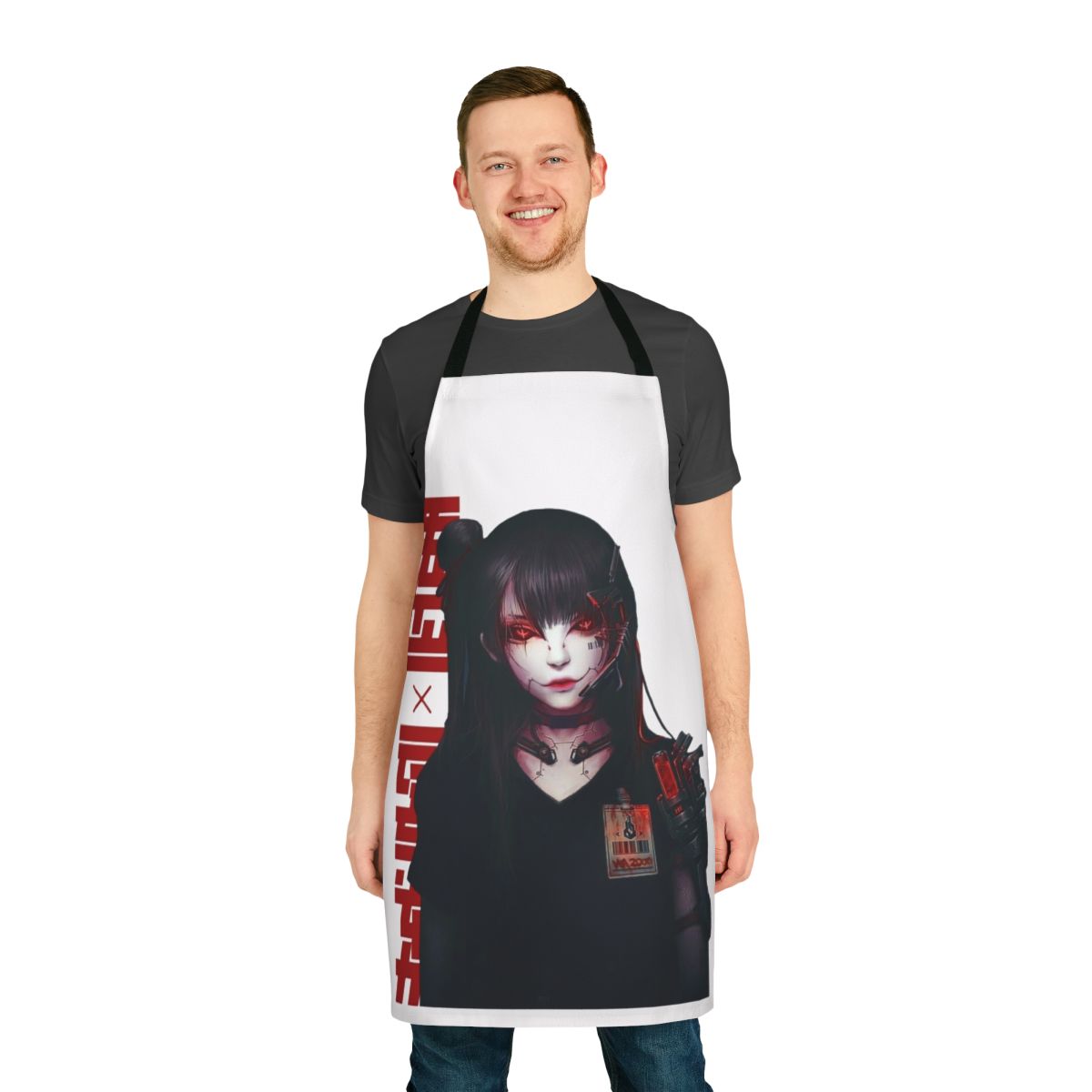 Cyberpunk-inspired apron with vaporwave aesthetic and futuristic design