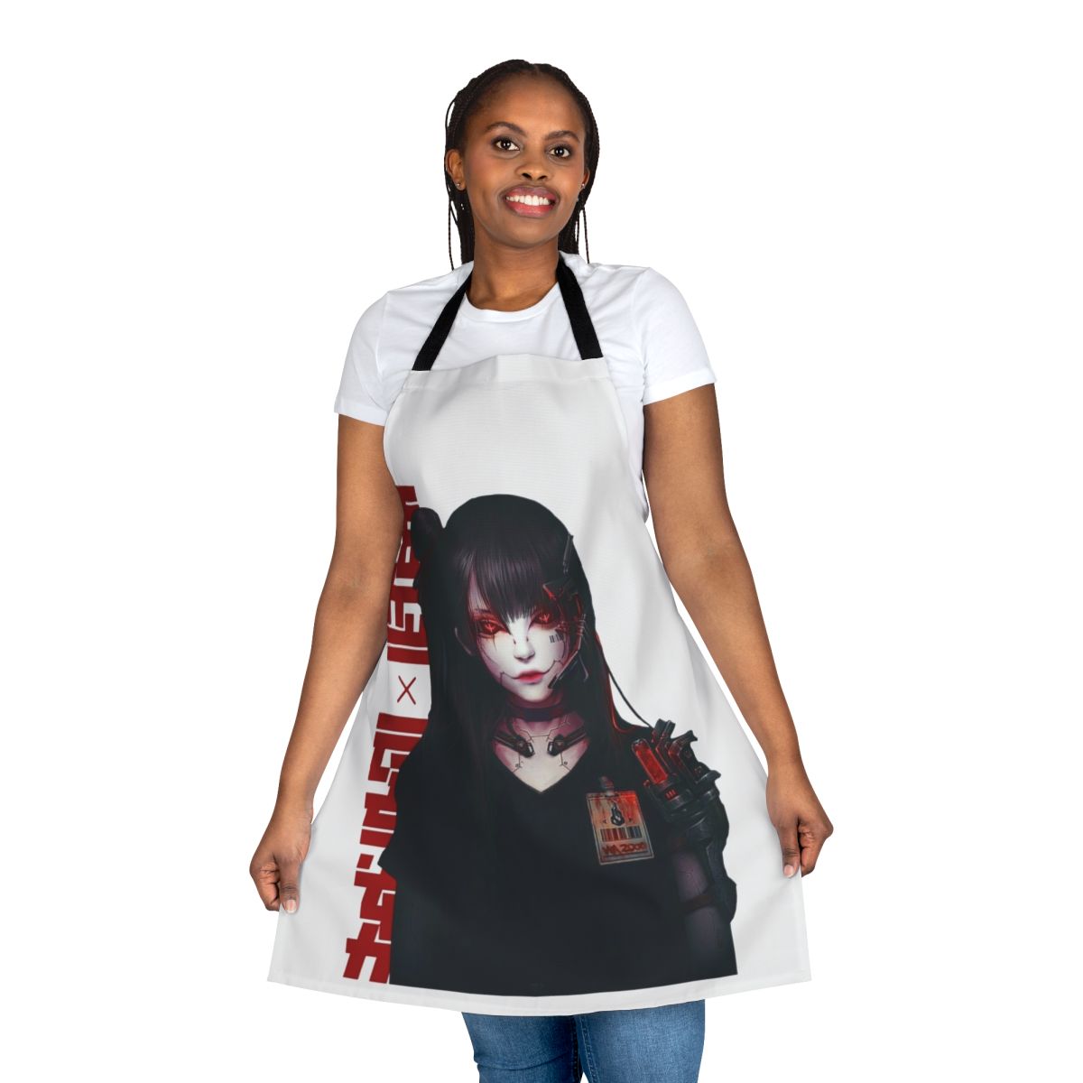 Cyberpunk-inspired apron with vaporwave aesthetic and futuristic design