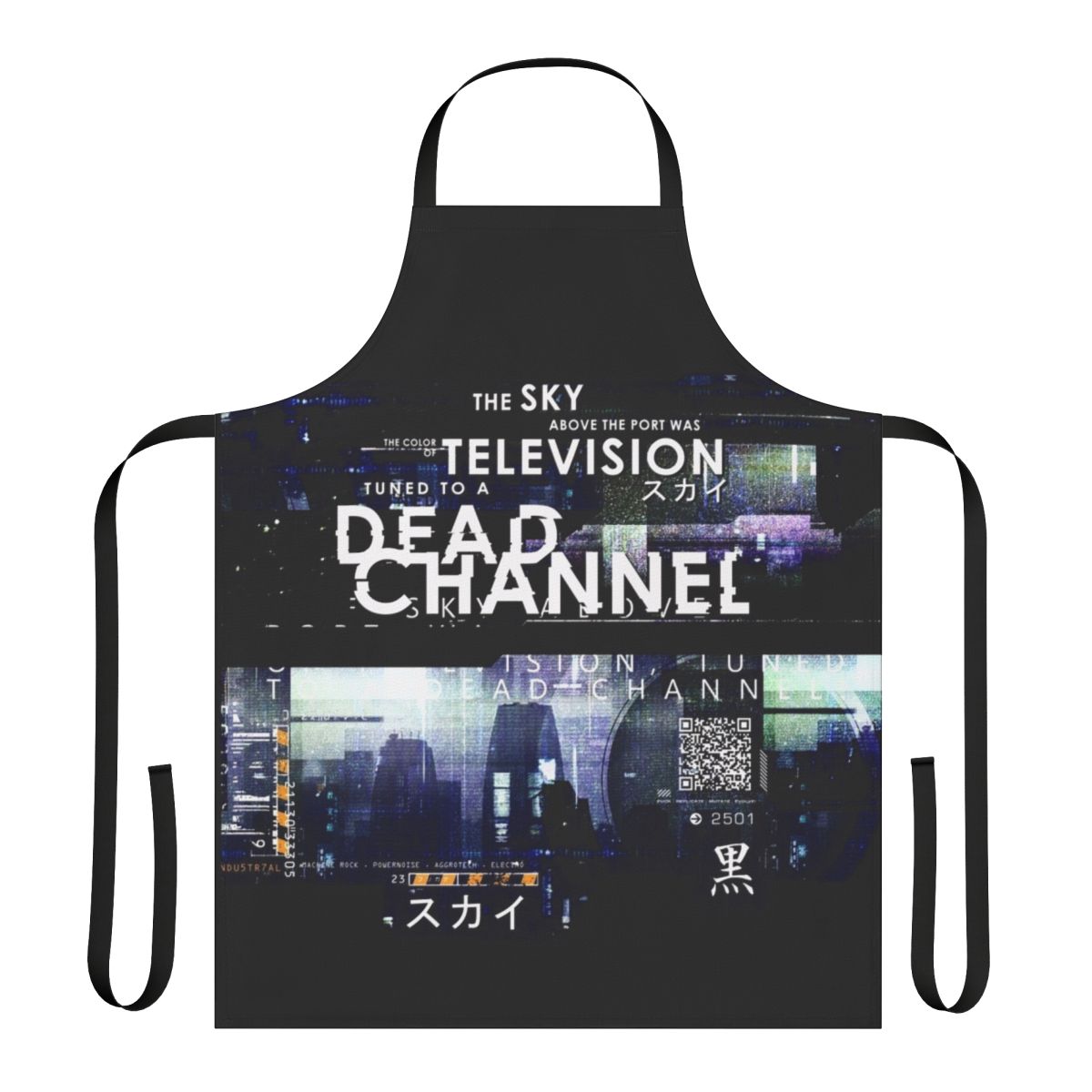 Cyberpunk-themed apron with a "Dead Channel" graphic design
