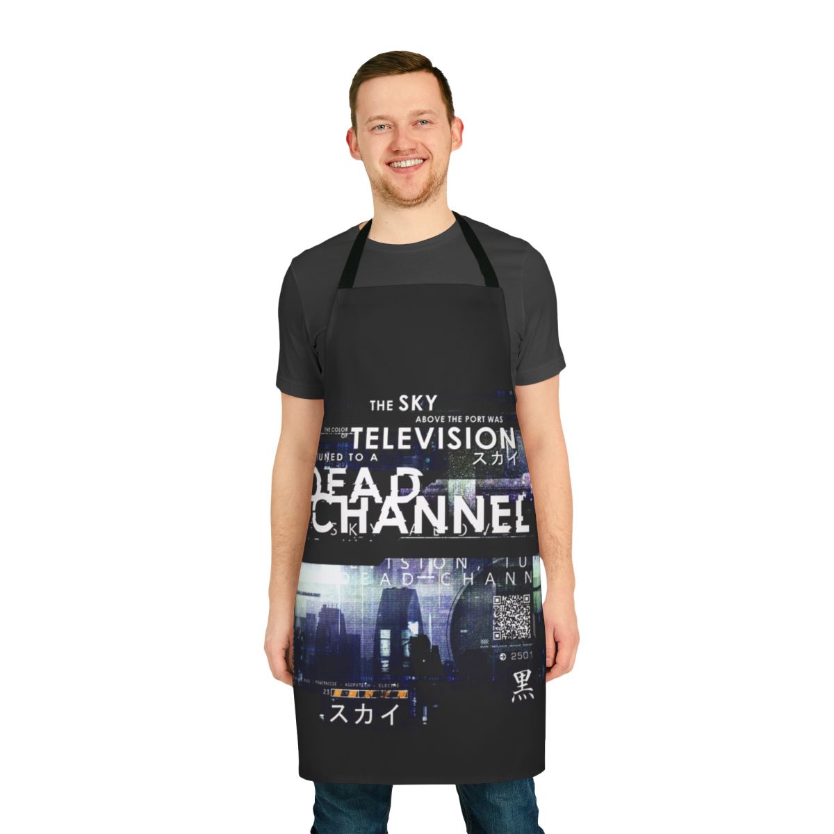 Cyberpunk-themed apron with a "Dead Channel" graphic design