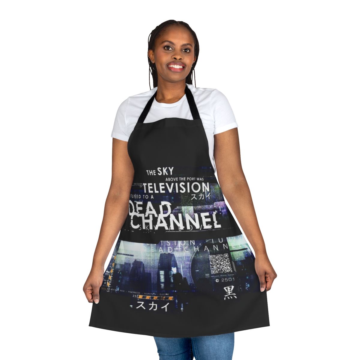 Cyberpunk-themed apron with a "Dead Channel" graphic design