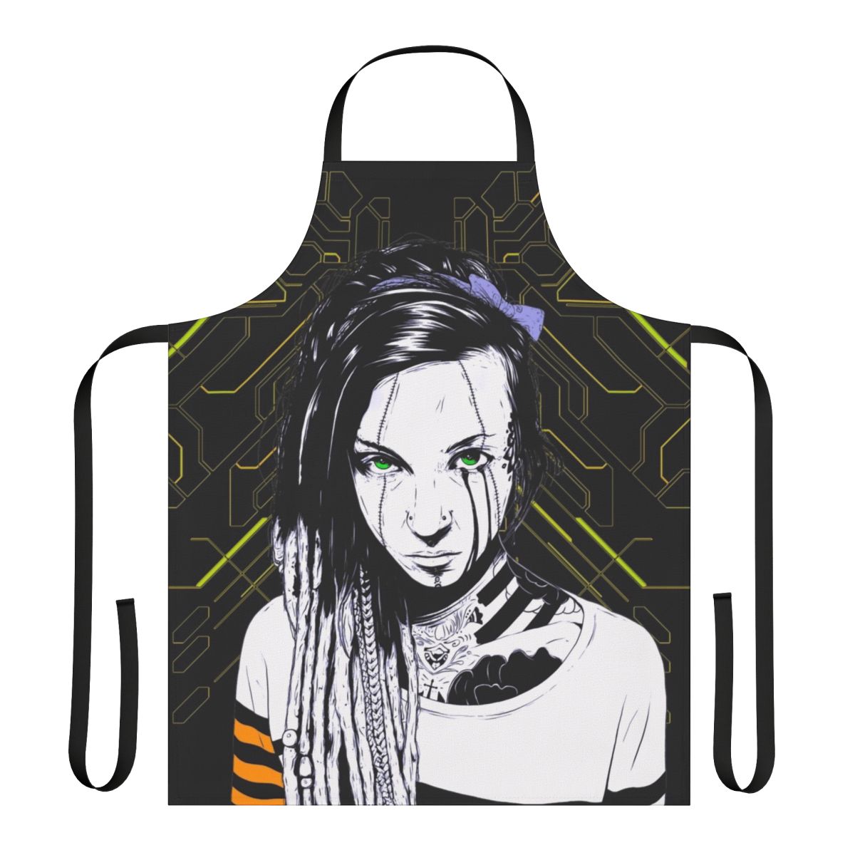 A stylish and futuristic apron featuring a cyberpunk-inspired girl design with vaporwave and minimalist elements.