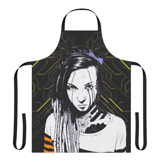 A stylish and futuristic apron featuring a cyberpunk-inspired girl design with vaporwave and minimalist elements.