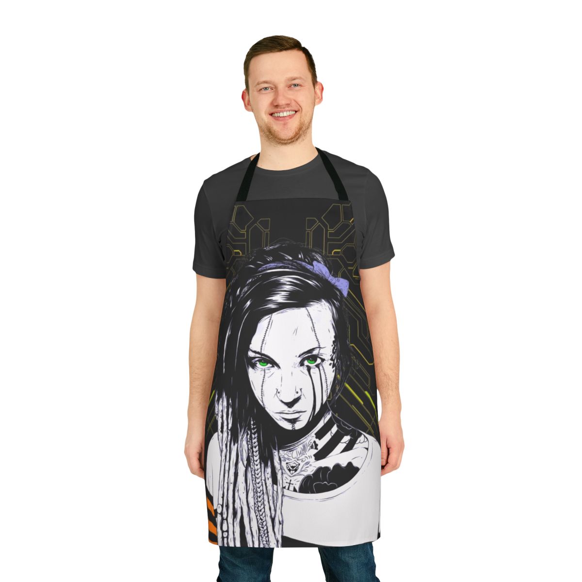 A stylish and futuristic apron featuring a cyberpunk-inspired girl design with vaporwave and minimalist elements.
