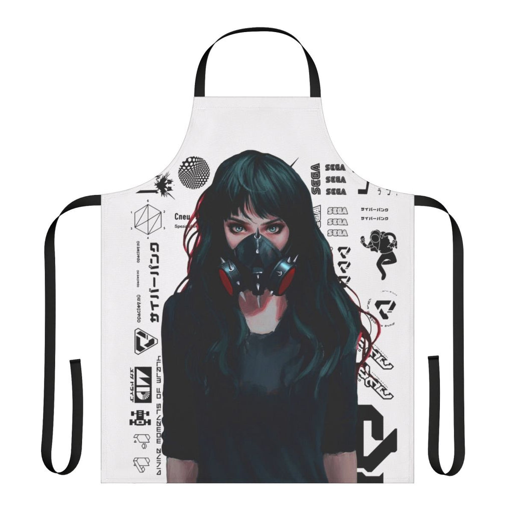 Cyberpunk-themed apron with futuristic gamer girl design and glitch effects