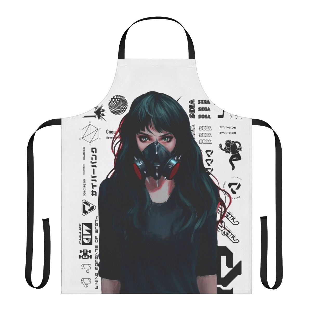 Cyberpunk-themed apron with futuristic gamer girl design and glitch effects