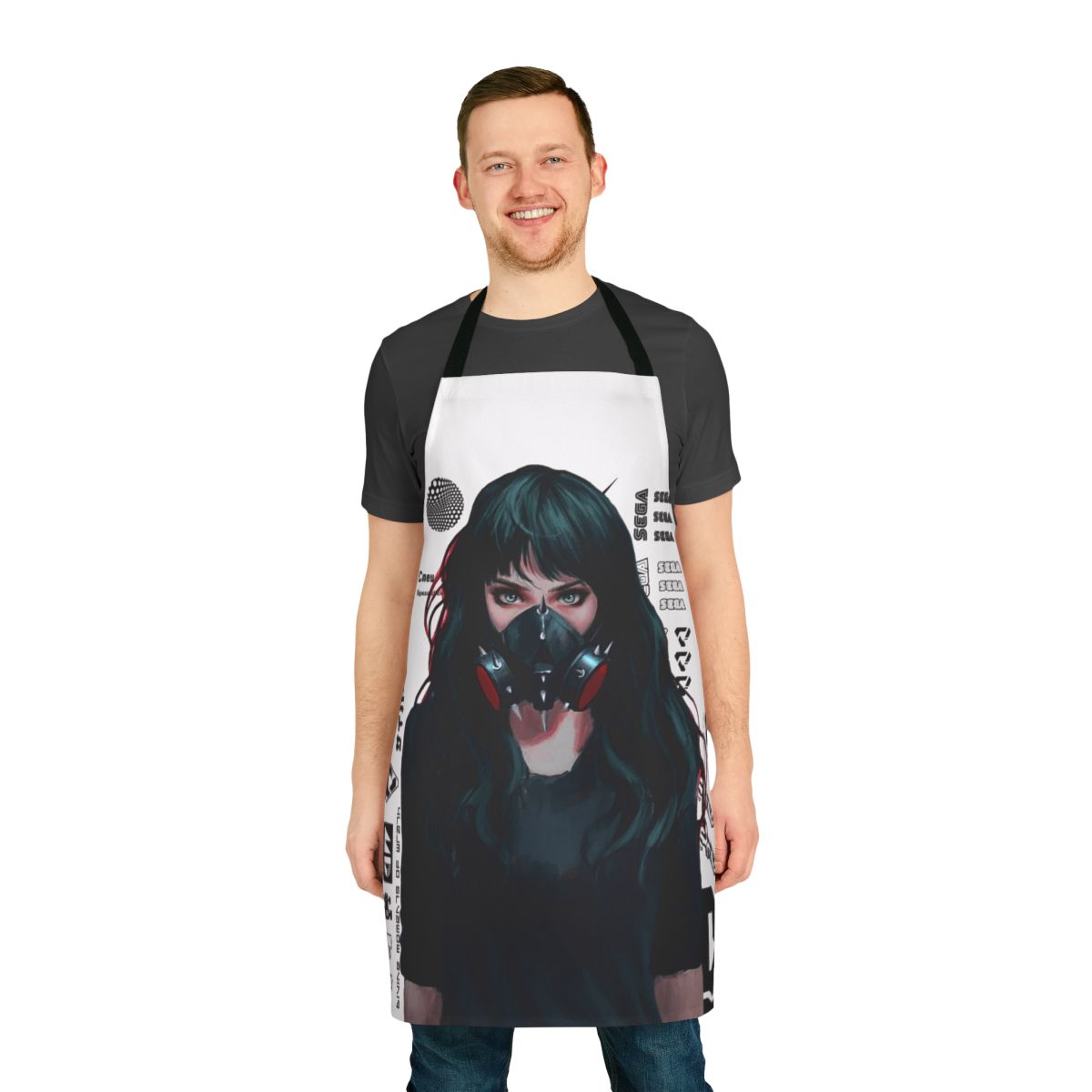 Cyberpunk-themed apron with futuristic gamer girl design and glitch effects