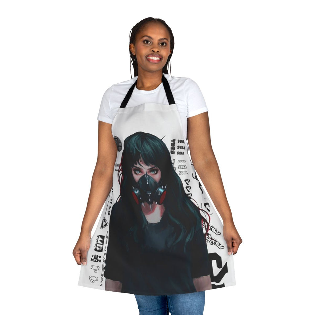 Cyberpunk-themed apron with futuristic gamer girl design and glitch effects