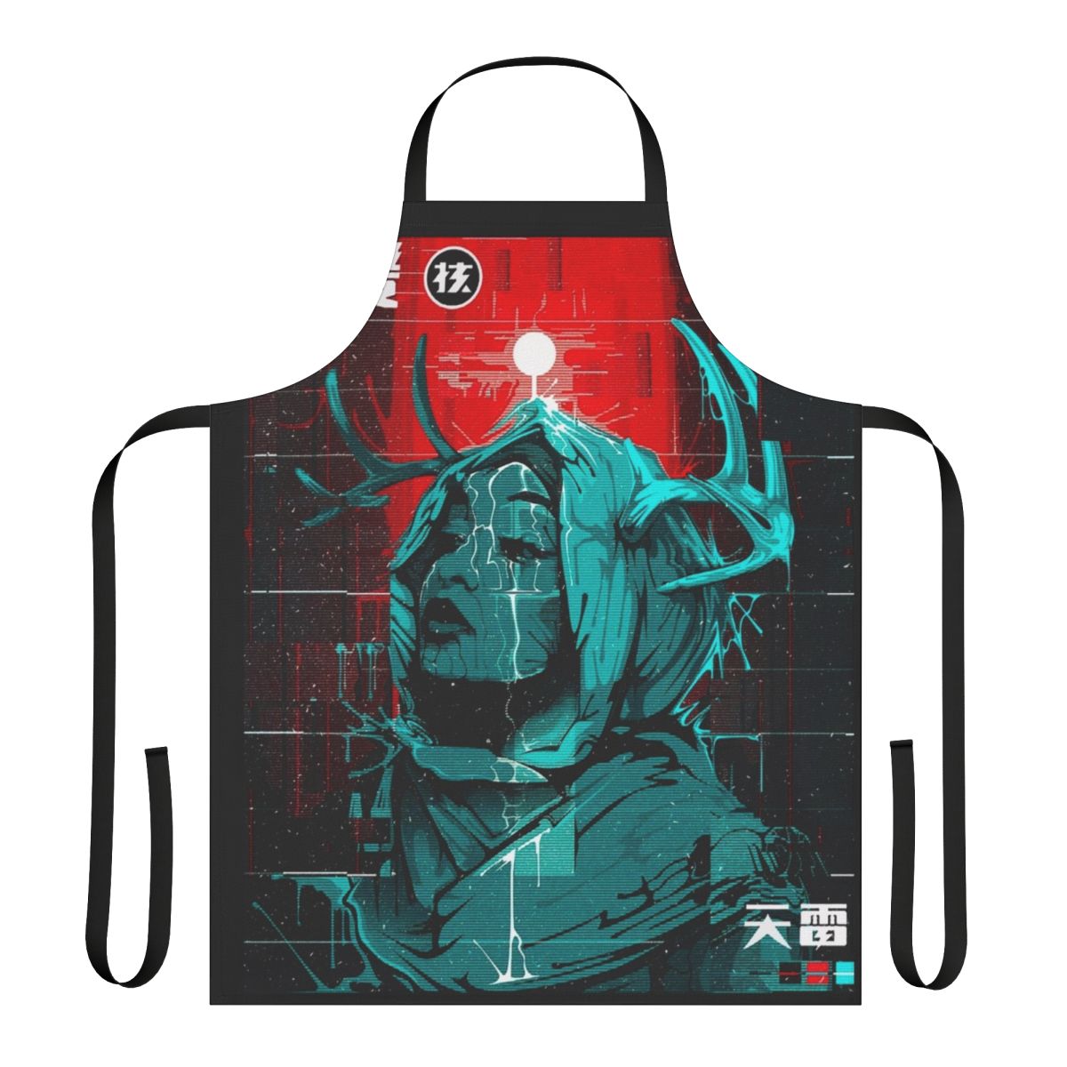 Cyberpunk-inspired apron featuring a glitch girl urban style design