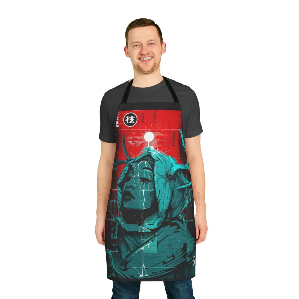 Cyberpunk-inspired apron featuring a glitch girl urban style design