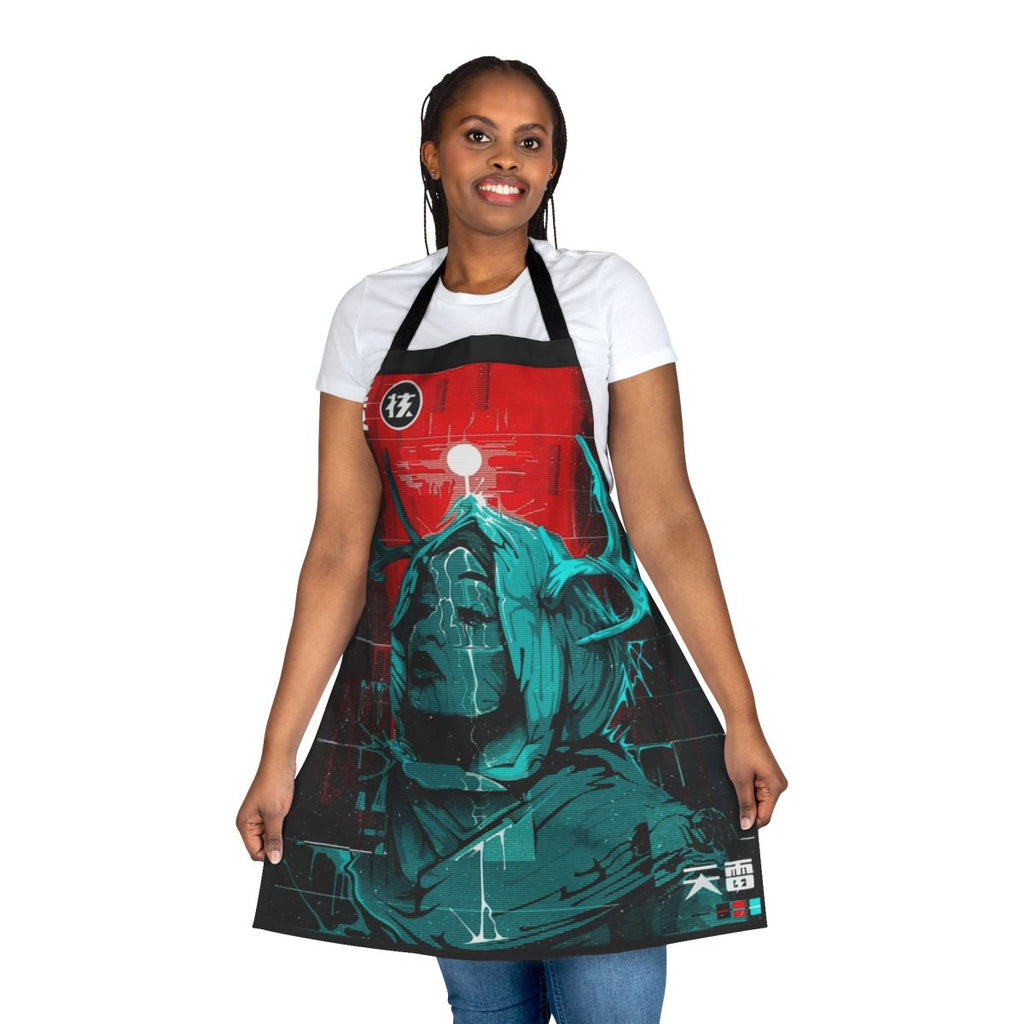 Cyberpunk-inspired apron featuring a glitch girl urban style design