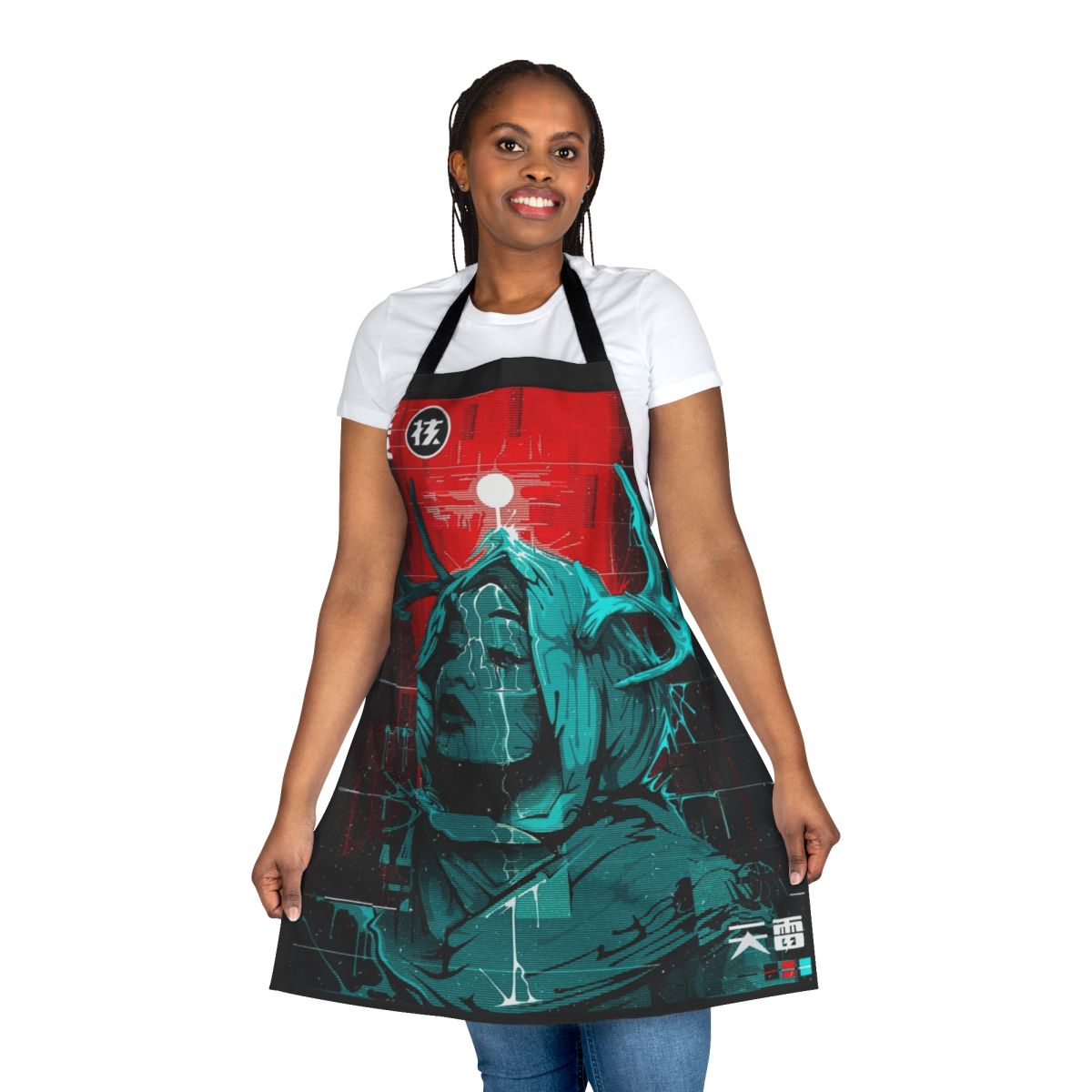Cyberpunk-inspired apron featuring a glitch girl urban style design