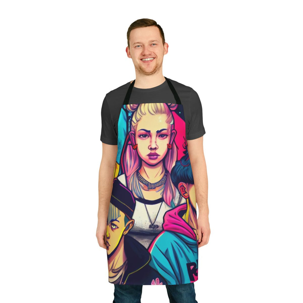Cyberpunk-inspired manga style apron featuring characters from the popular Netflix series "Young Royals"