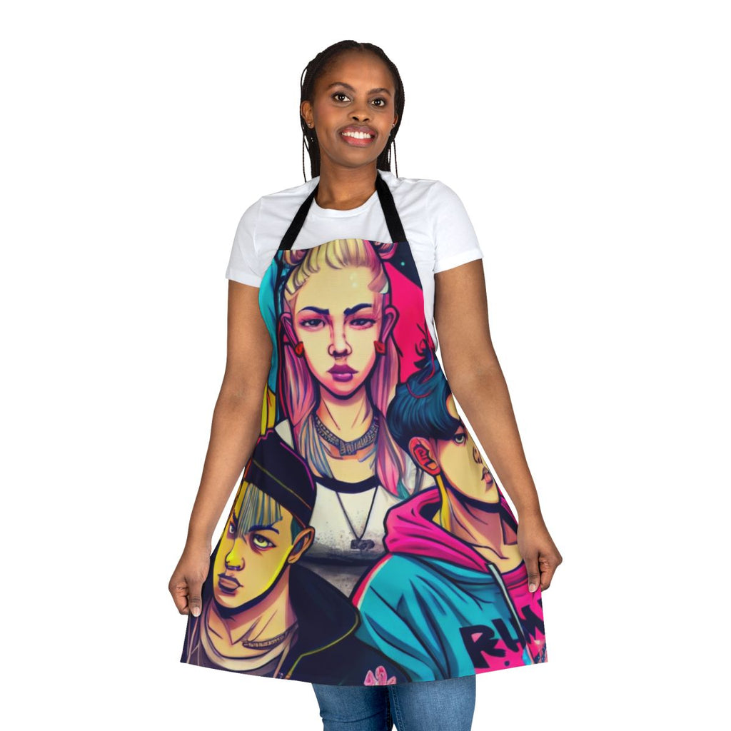 Cyberpunk-inspired manga style apron featuring characters from the popular Netflix series "Young Royals"