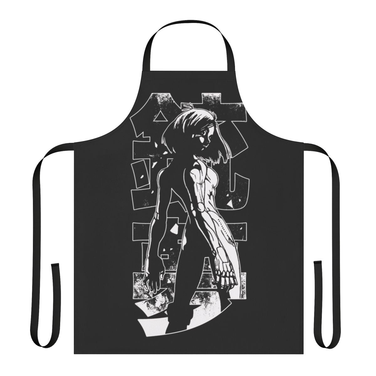 Cyberpunk-inspired apron with retro anime and manga-style graphics