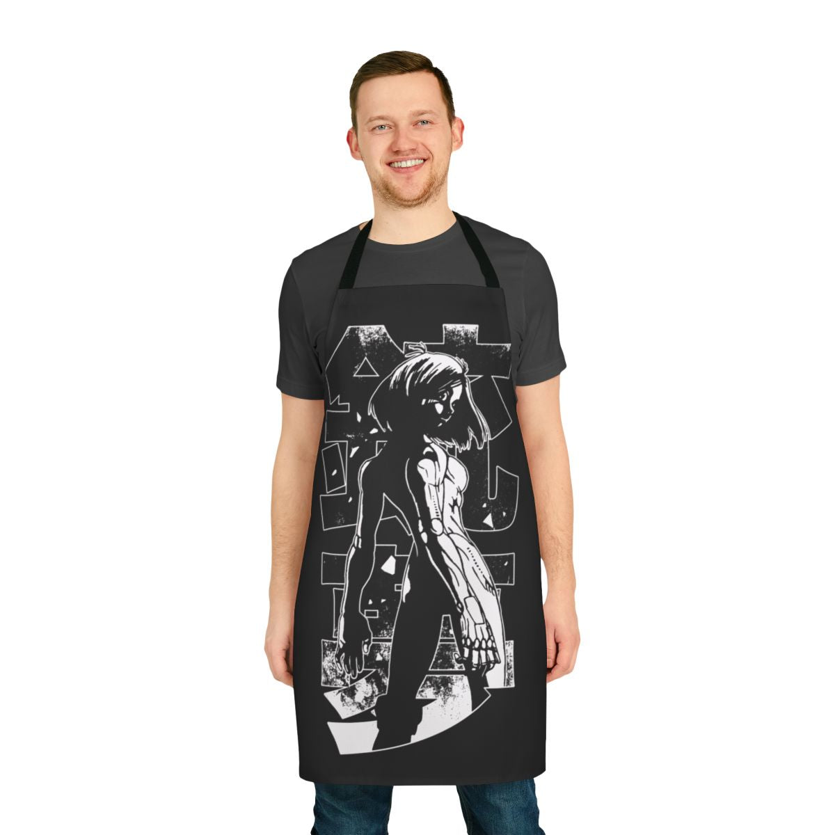 Cyberpunk-inspired apron with retro anime and manga-style graphics