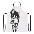 A black and white apron with a cyberpunk, futuristic Japanese-inspired design.