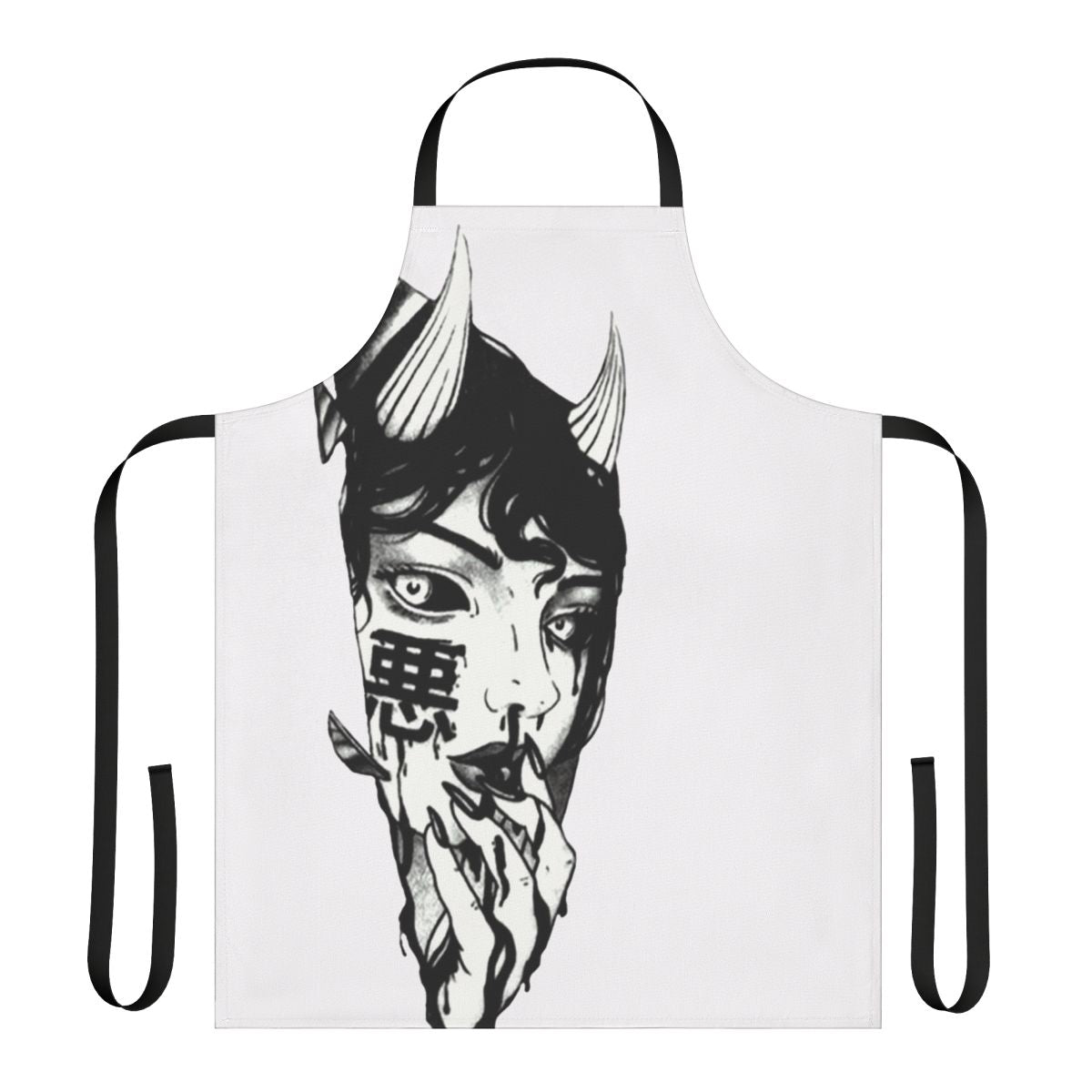 A black and white apron with a cyberpunk, futuristic Japanese-inspired design.