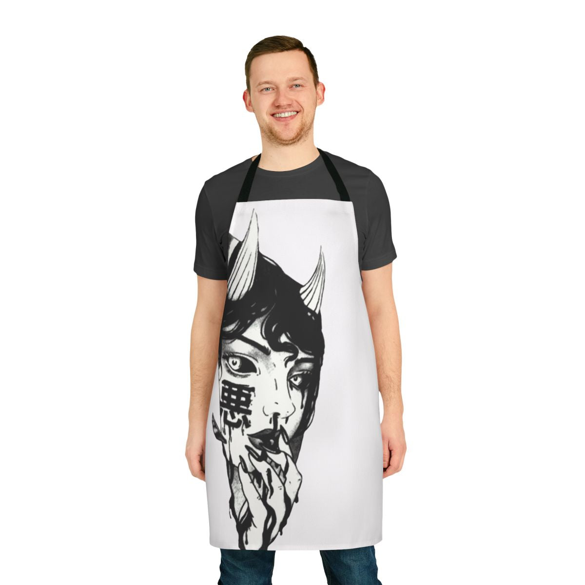 A black and white apron with a cyberpunk, futuristic Japanese-inspired design.