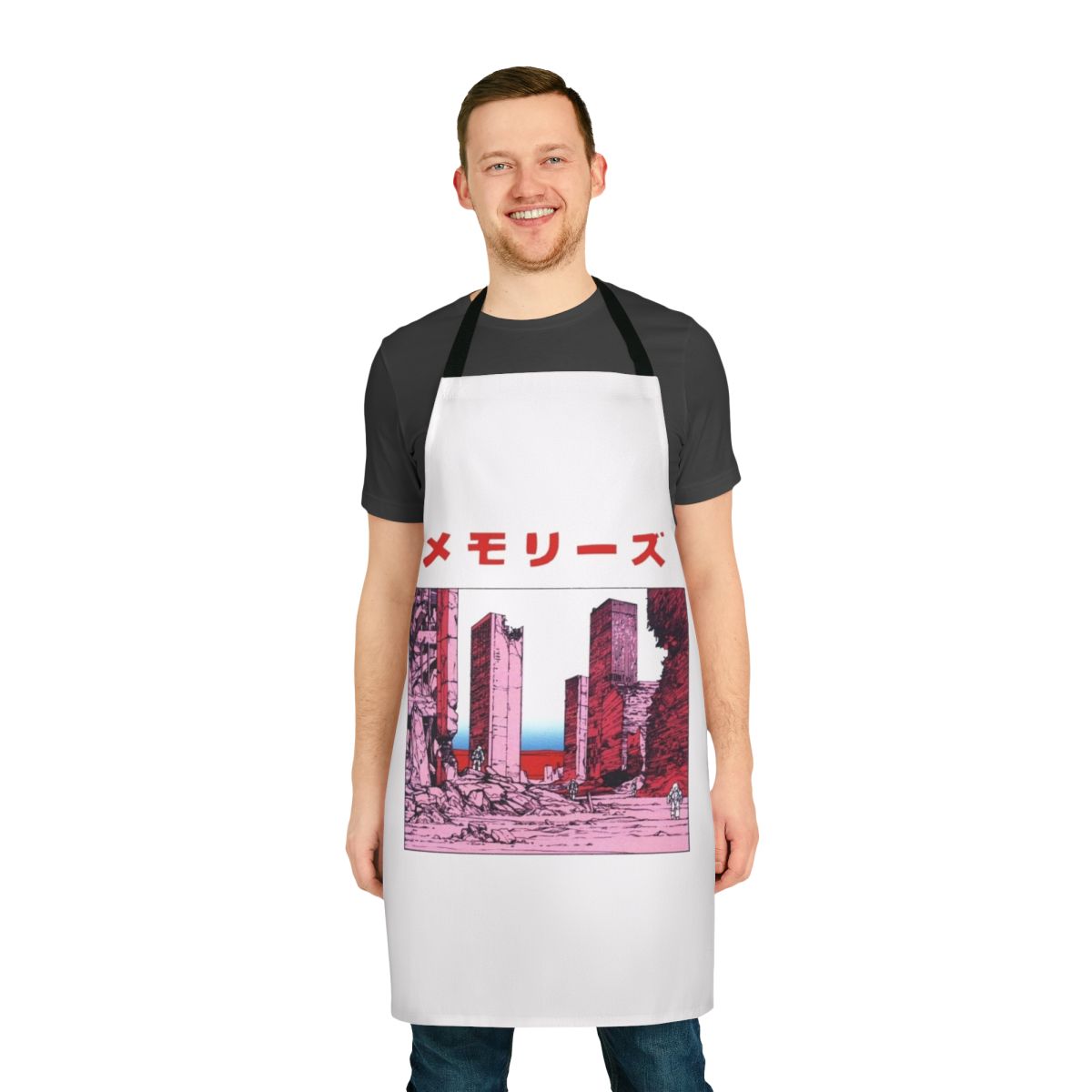 Cyberpunk-inspired apron featuring a vaporwave-style design and imagery inspired by the works of acclaimed manga artist Katsuhiro Otomo.