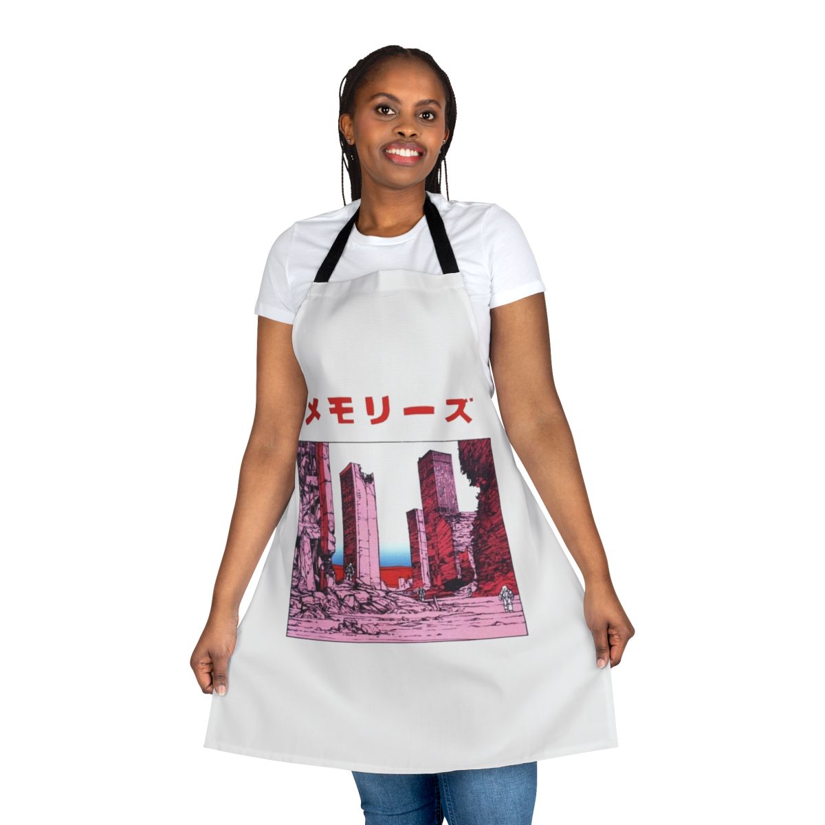 Cyberpunk-inspired apron featuring a vaporwave-style design and imagery inspired by the works of acclaimed manga artist Katsuhiro Otomo.