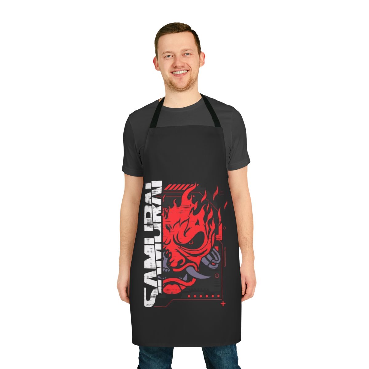 A stylish and durable apron featuring a cyberpunk samurai design, perfect for fans of anime, manga, and the cyberpunk genre.
